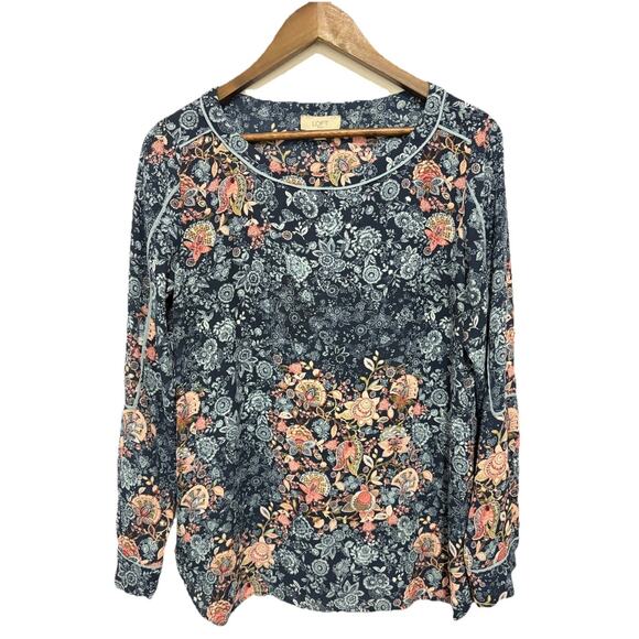 LOFT Tops - LOFT Outlet Floral Blouse Womens Small Blue Pink Long Sleeve Piped Boho Top